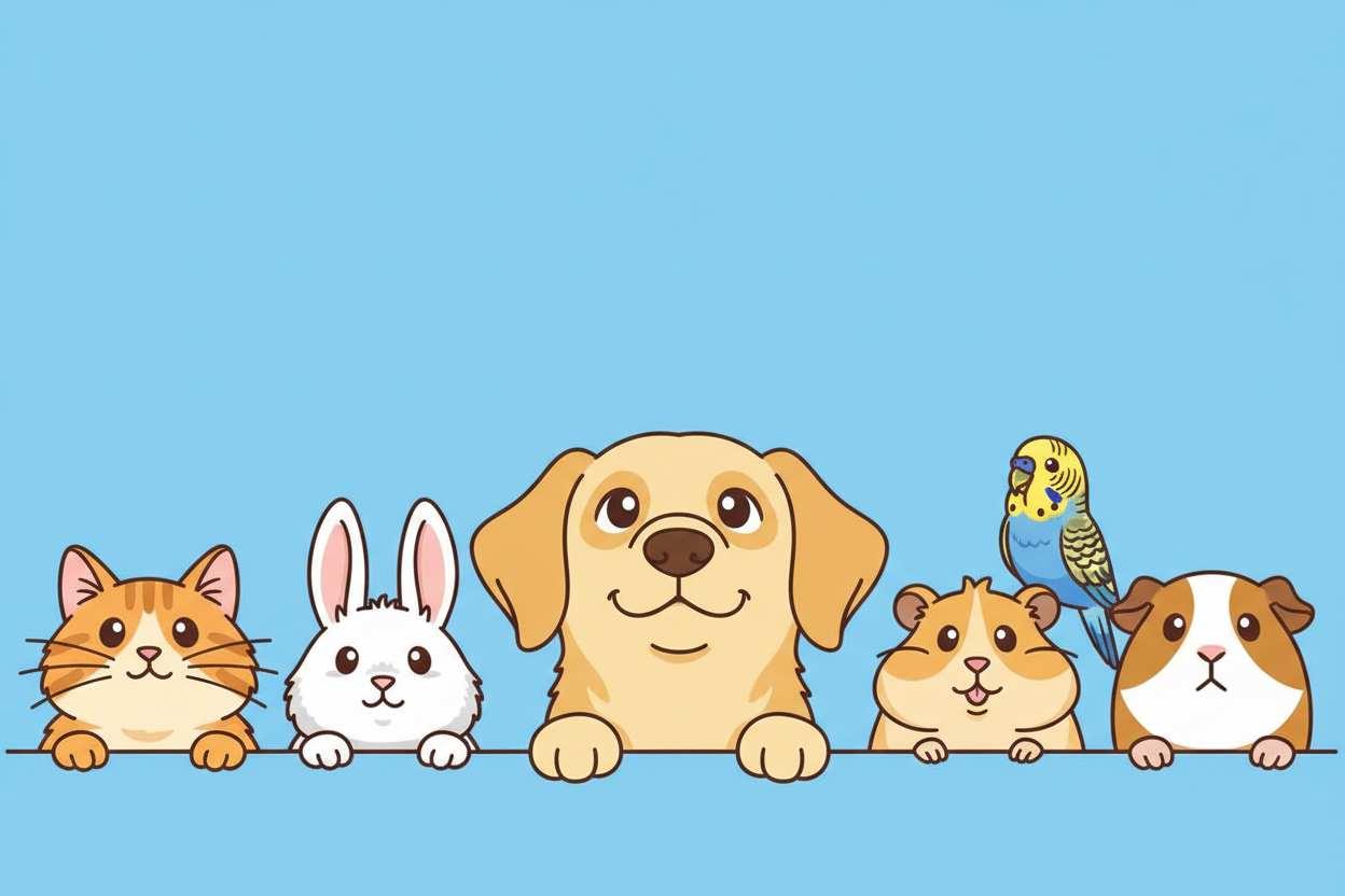 Solid color background with multiple kinds of animals sticking their heads up